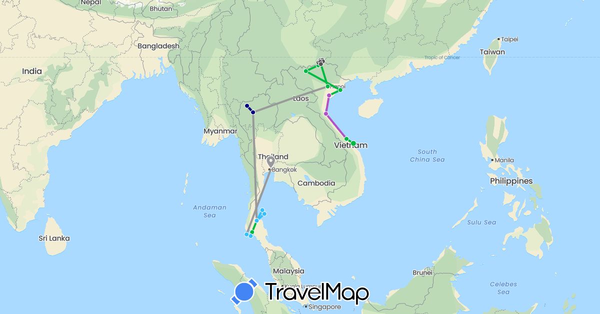TravelMap itinerary: driving, bus, plane, train, boat, motorbike in Thailand, Vietnam (Asia)